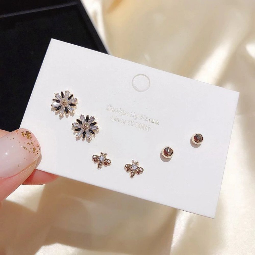 [3 Pairs] 925 Sterling Silver Diamond Earrings E - Picture 6 of 7
